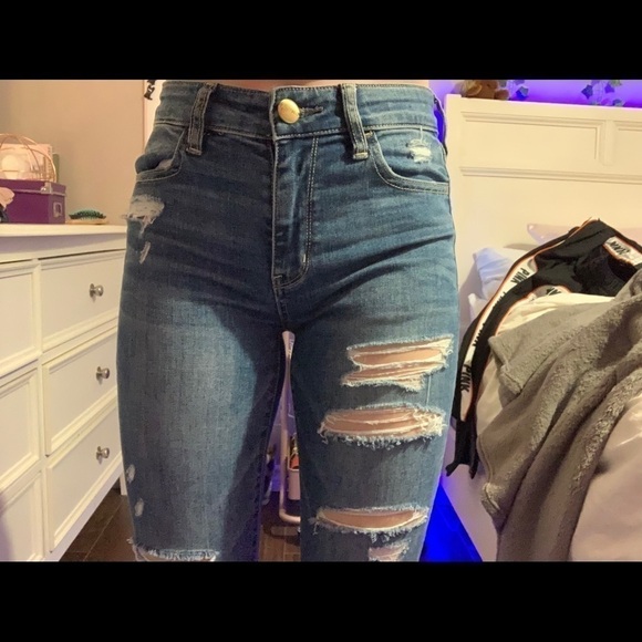 AMERICAN Eagle High Rise ripped Jeggings blue size 2 🌸 - Picture 7 of 11